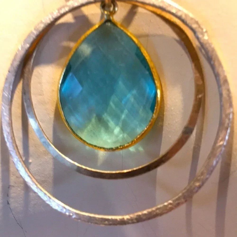 Silver Statement Necklace with Topaz Double hammered rings  gold filled Pendant